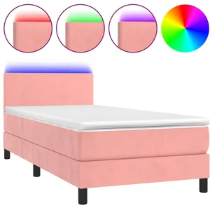 vidaXL Sommier à lattes de lit avec matelas LED Rose 90x200 cm Velours pas cher