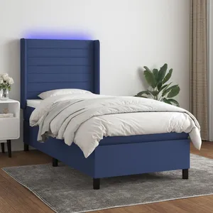 vidaXL Sommier à lattes de lit matelas et LED Bleu 90x200 cm Tissu pas cher