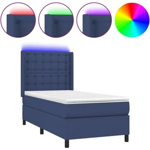 vidaXL Sommier à lattes de lit matelas et LED Bleu 90x200 cm Tissu pas cher