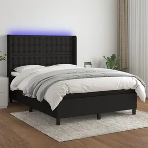 vidaXL Sommier à lattes de lit matelas et LED Noir 140x200 cm Tissu pas cher