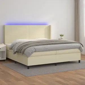 vidaXL Lit Boxspring avec matelas & LED Crème 200x200 cm Similicuir pas cher