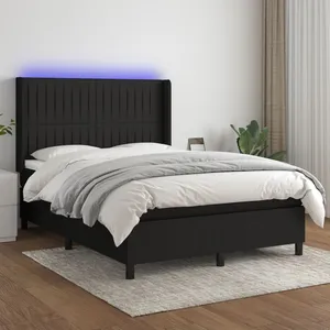 vidaXL Sommier à lattes de lit matelas et LED Noir 140x200 cm Tissu pas cher