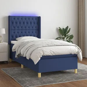 vidaXL Sommier à lattes de lit matelas et LED Bleu 90x190 cm Tissu pas cher