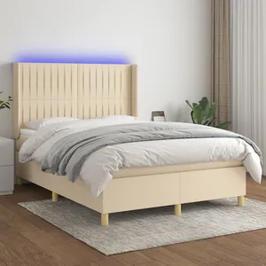 vidaXL Sommier à lattes de lit matelas et LED Crème 140x190 cm Tissu pas cher
