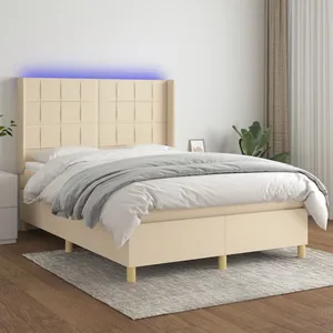 vidaXL Sommier à lattes de lit matelas et LED Crème 140x200 cm Tissu pas cher