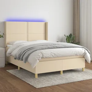 vidaXL Sommier à lattes de lit matelas et LED Crème 140x200 cm Tissu pas cher