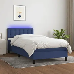 vidaXL Sommier à lattes de lit avec matelas et LED Bleu 80x200cm Tissu pas cher