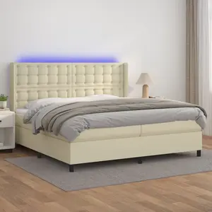 vidaXL Lit Boxspring avec matelas & LED Crème 200x200 cm Similicuir pas cher