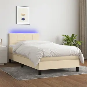 vidaXL Sommier à lattes de lit avec matelas LED Crème 90x200 cm Tissu pas cher