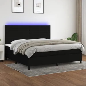 vidaXL Sommier à lattes de lit et matelas et LED Noir 200x200 cm Tissu pas cher