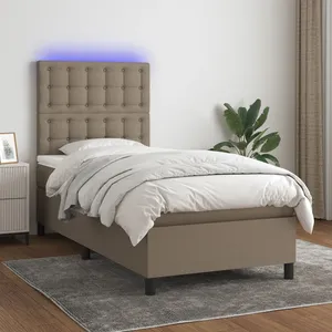 vidaXL Sommier à lattes de lit et matelas et LED Taupe 90x190 cm Tissu pas cher