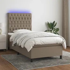 vidaXL Sommier à lattes de lit et matelas et LED Taupe 90x190 cm Tissu pas cher