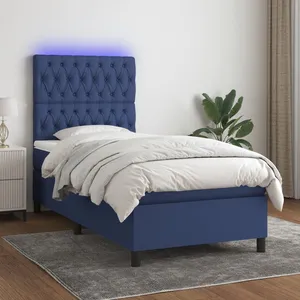vidaXL Sommier à lattes de lit avec matelas et LED Bleu 90x190cm Tissu pas cher