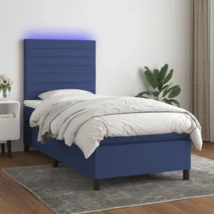 vidaXL Sommier à lattes de lit avec matelas et LED Bleu 90x200cm Tissu pas cher