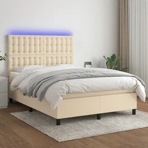 vidaXL Sommier à lattes de lit et matelas et LED Crème 140x200cm Tissu pas cher