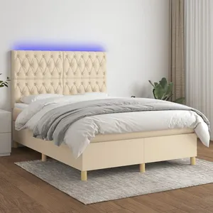 vidaXL Sommier à lattes de lit et matelas et LED Crème 140x190cm Tissu pas cher