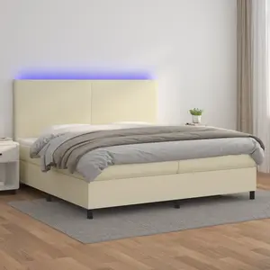 vidaXL Lit Boxspring avec matelas & LED Crème 200x200 cm Similicuir pas cher