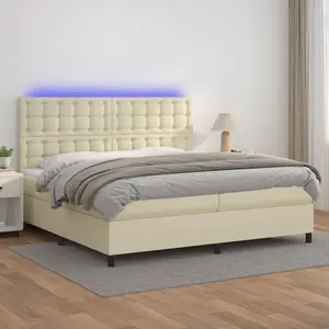 vidaXL Lit Boxspring avec matelas & LED Crème 200x200 cm Similicuir pas cher