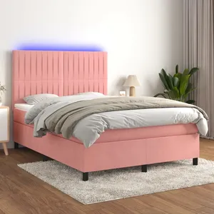 vidaXL Sommier à lattes de lit matelas et LED Rose 140x200 cm Velours pas cher