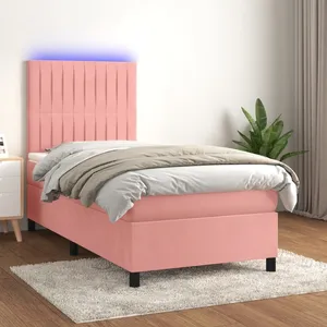 vidaXL Sommier à lattes de lit avec matelas LED Rose 90x190 cm Velours pas cher