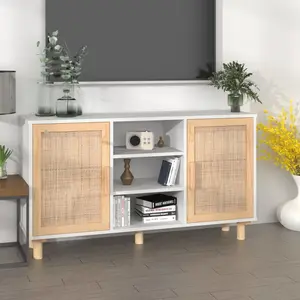 vidaXL Buffet Blanc 105x30x60 cm Bois de pin massif et rotin naturel pas cher