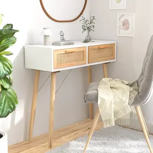 Comparateur de prix : vidaXL Table console Blanc 80x30x75 cm Bois massif pin /rotin naturel
