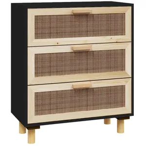 vidaXL Buffet Noir 60x30x70 cm Bois de pin massif et rotin naturel pas cher
