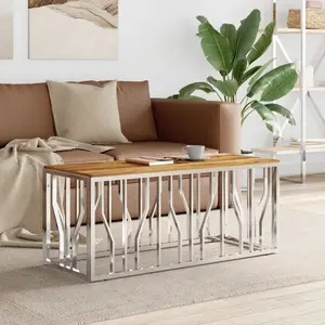 vidaXL Table basse argenté acier inoxydable et bois massif d'acacia pas cher