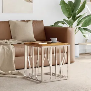 vidaXL Table basse argenté acier inoxydable et bois massif d'acacia pas cher