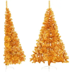 vidaXL Demi sapin de Noël artificiel avec support doré 210 cm PET pas cher