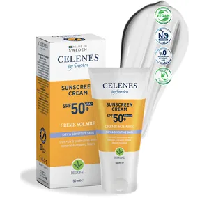 Celenes by Sweden Crème Solaire SPF50+ pour Peaux Sèches et Sensibles - Creme Solaire 50 Minéraux & Organiques, Huile d'Avocat & Vitamine E, Creme Solaire Visage Sans Résidus Blancs, Parabèn, 50ml pas cher