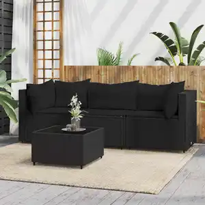 vidaXL Salon de jardin 4 pcs avec coussins Noir Résine tressée pas cher