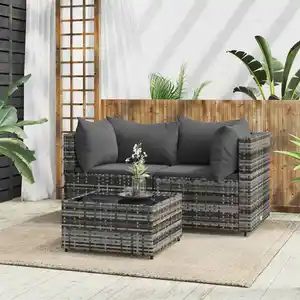 vidaXL Salon de jardin 3 pcs avec coussins Gris Résine tressée pas cher