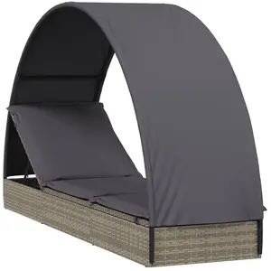 vidaXL Chaise longue avec toit rond gris 211x57x140 cm résine tressée pas cher