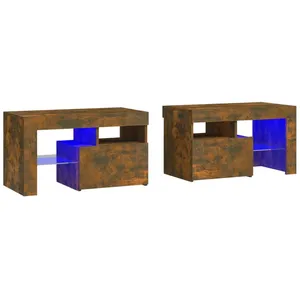 vidaXL Tables de chevet 2 pcs et lumières LED Chêne fumé 70x36,5x40 cm pas cher