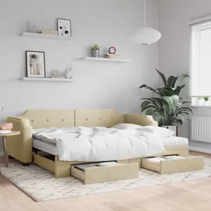 vidaXL Lit de jour avec gigogne et tiroirs crème 90x200 cm tissu pas cher