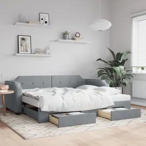 vidaXL Lit de jour avec gigogne et tiroirs gris clair 90x200 cm tissu pas cher