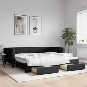 vidaXL Lit de jour avec gigogne et tiroirs noir 100x200 cm tissu pas cher