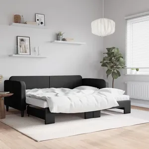 vidaXL Lit de jour avec gigogne et matelas noir 90x200 cm tissu pas cher