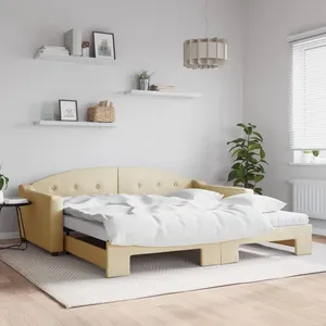 vidaXL Lit de jour avec gigogne et matelas crème 100x200 cm tissu pas cher