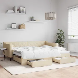 vidaXL Lit de jour avec gigogne et tiroirs crème 90x200 cm tissu pas cher