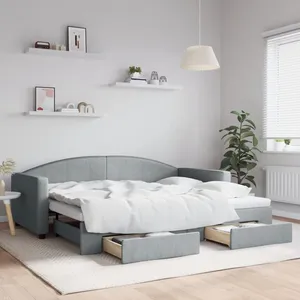 vidaXL Lit de jour avec gigogne et tiroirs gris clair 90x200 cm tissu pas cher