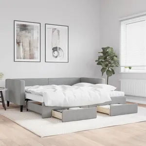 vidaXL Lit de jour avec gigogne et tiroirs gris clair 90x200 cm tissu pas cher