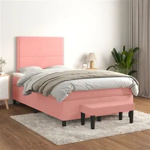 vidaXL Sommier à lattes de lit avec matelas Rose 120x200 cm Velours pas cher