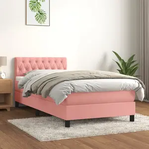 vidaXL Sommier à lattes de lit avec matelas Rose 90x200 cm Velours pas cher