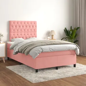 vidaXL Sommier à lattes de lit avec matelas Rose 120x200 cm Velours pas cher