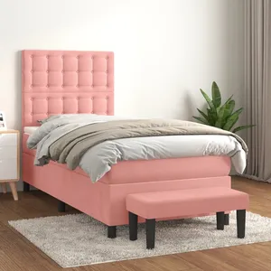 vidaXL Sommier à lattes de lit avec matelas Rose 90x200 cm Velours pas cher