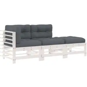 vidaXL Salon de jardin 3 pcs avec coussins blanc bois massif pas cher