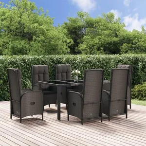 vidaXL Ensemble à manger jardin et coussins 7 pcs Noir et gris Rotin pas cher