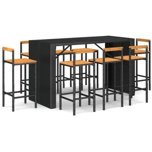 vidaXL Ensemble de bar jardin 9 pcs noir poly rotin/bois massif acacia pas cher